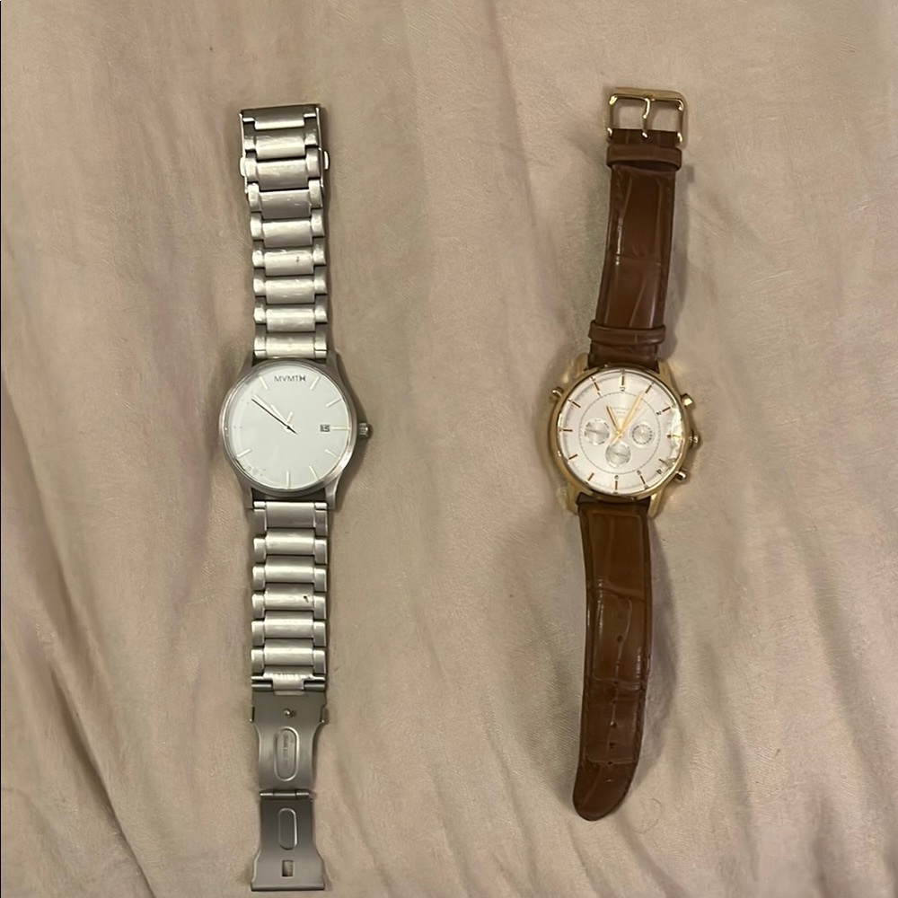 Silver Metal Watch and Brown Leather Watch
